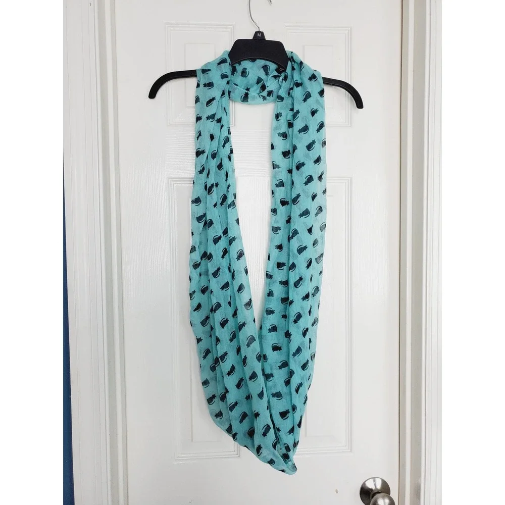Teal Blue Cat Print Infinity Scarf Festival Whimsical‎ Gauze Quirky